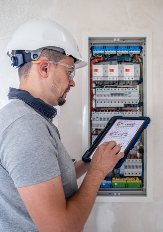 Man, an electrical technician working in a switchboard with fuses. Installation and connection of electrical equipment. Professional uses a tablet.