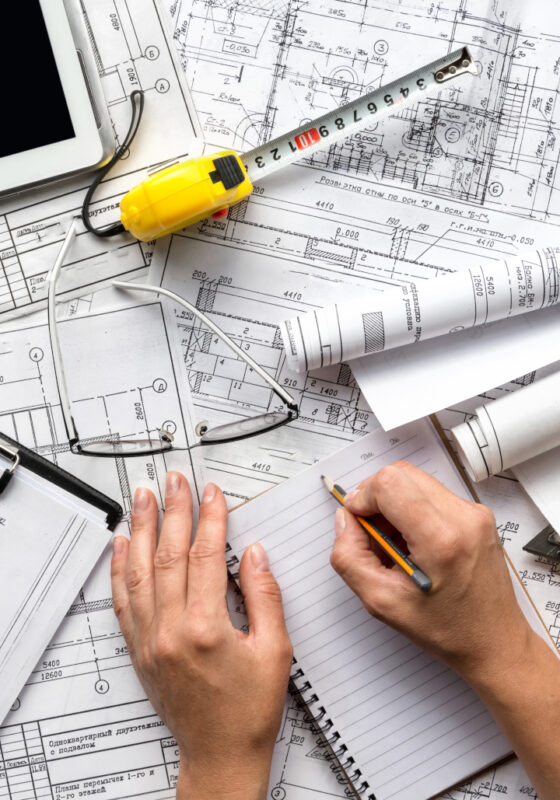 architect design working drawing sketch plans blueprints and making architectural construction model in home